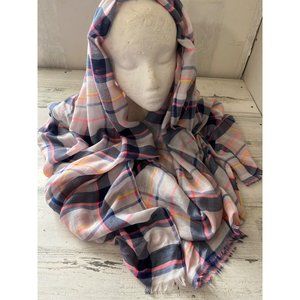 Woman’s pink blue yellow plaid lightweight scarf with fringe